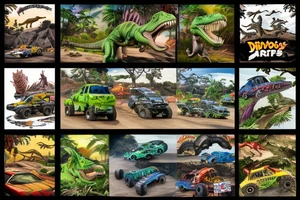 Dinosaurs and monster jam monster trucks made into one full scene with jungle scene and dirt track jumps tattoo idea