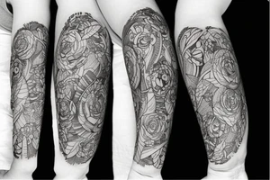 Cluster amaryllises on black sketch sleeve tattoo idea