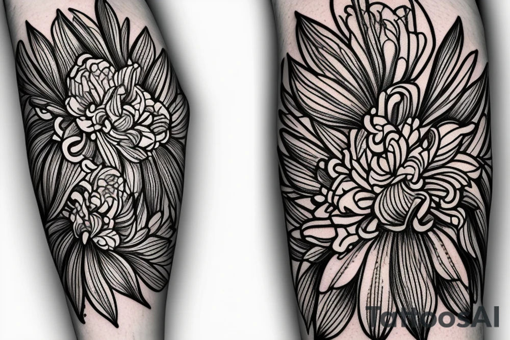sketch of a black sleeve on which lycoris flowers, daisies and peonies are intertwined tattoo idea
