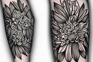 sketch of a black sleeve on which lycoris flowers, daisies and peonies are intertwined tattoo idea