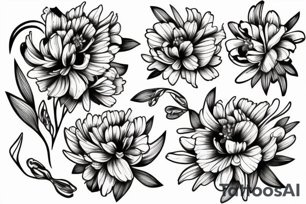 sketch of a black sleeve on which lycoris flowers, daisies and peonies are intertwined tattoo idea