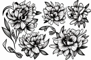 sketch of a black sleeve on which lycoris flowers, daisies and peonies are intertwined tattoo idea