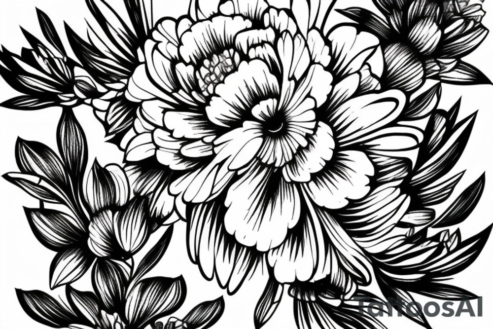 sketch of a black sleeve on which lycoris flowers, daisies and peonies are intertwined tattoo idea
