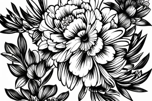 sketch of a black sleeve on which lycoris flowers, daisies and peonies are intertwined tattoo idea