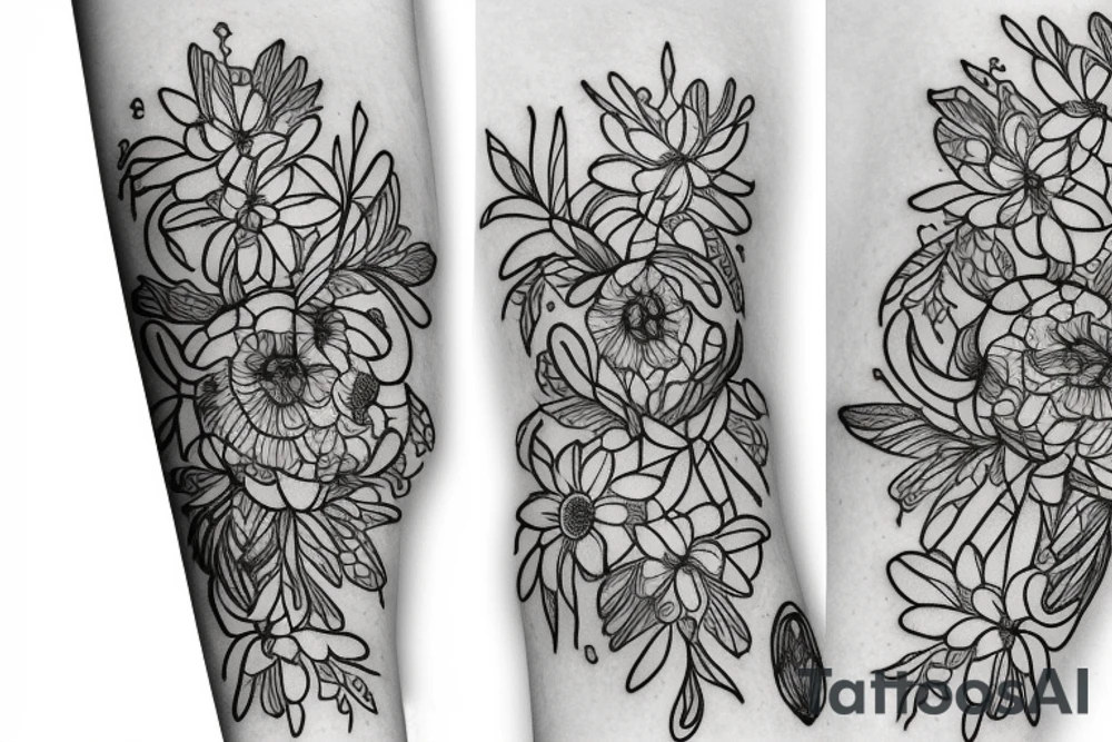sketch of a black sleeve on which lycoris flowers, daisies and peonies are intertwined tattoo idea