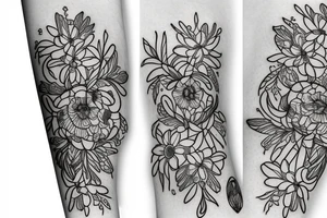 sketch of a black sleeve on which lycoris flowers, daisies and peonies are intertwined tattoo idea