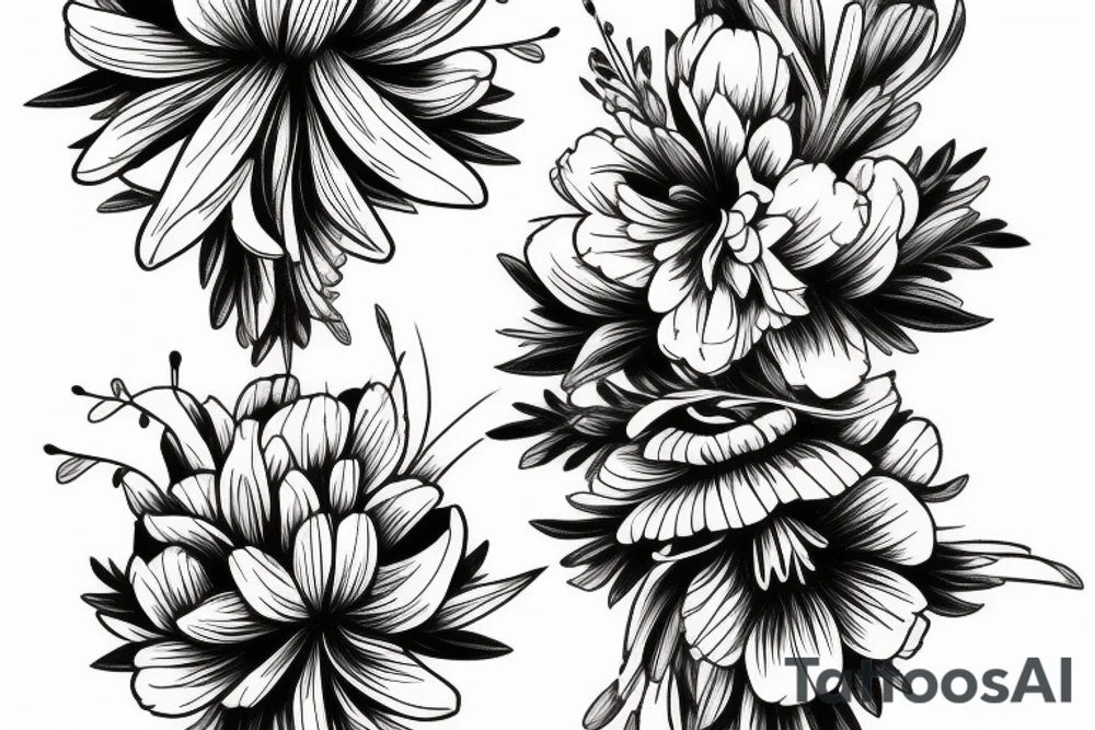 sketch of a black sleeve on which lycoris flowers, daisies and peonies are intertwined tattoo idea