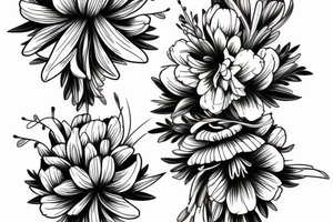 sketch of a black sleeve on which lycoris flowers, daisies and peonies are intertwined tattoo idea