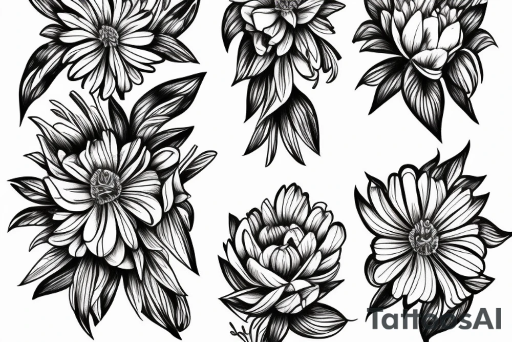 sketch of a black sleeve on which lycoris flowers, daisies and peonies are intertwined tattoo idea