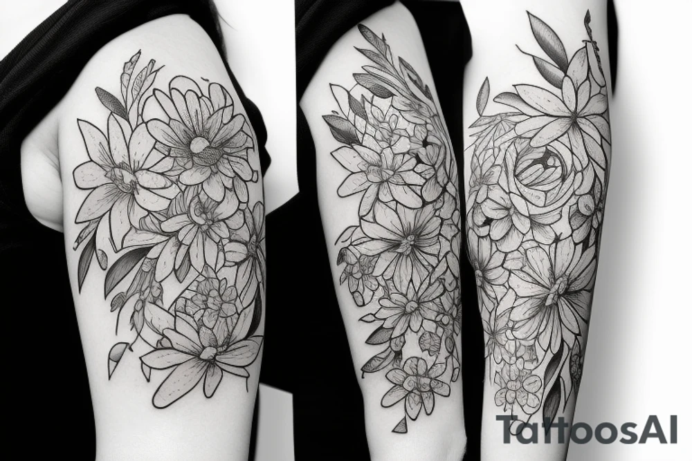 sketch of a black sleeve on which lycoris flowers, daisies and peonies are intertwined tattoo idea