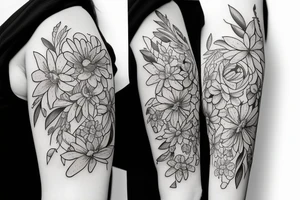 sketch of a black sleeve on which lycoris flowers, daisies and peonies are intertwined tattoo idea