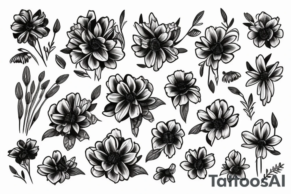 sketch of a black sleeve on which lycoris flowers, daisies and peonies are intertwined tattoo idea