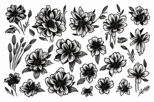 sketch of a black sleeve on which lycoris flowers, daisies and peonies are intertwined tattoo idea