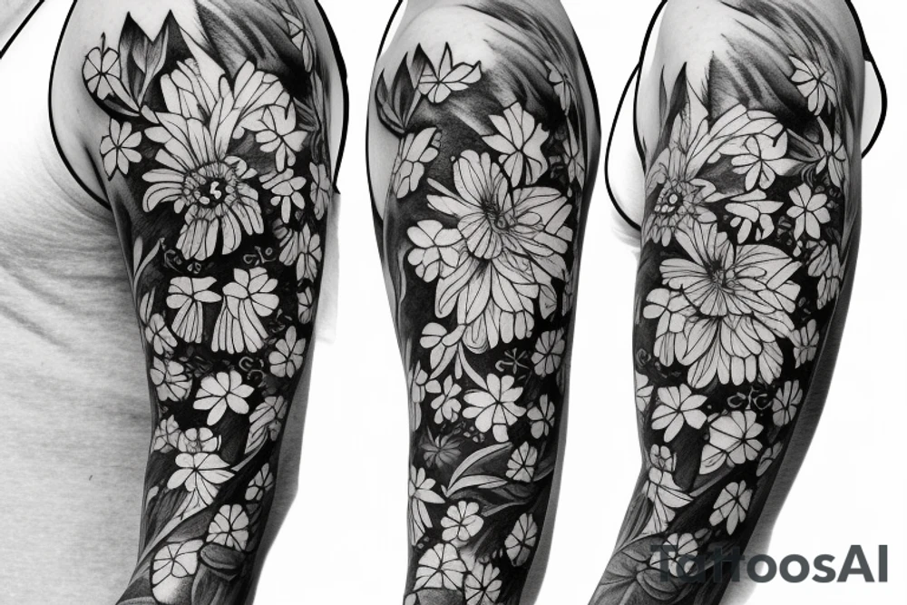 a sketch of a sleeve where on a black background on which lycoris flowers, daisies and peonies are intertwined tattoo idea