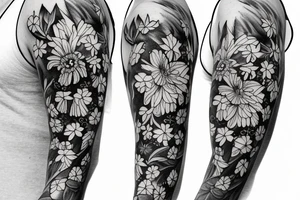 a sketch of a sleeve where on a black background on which lycoris flowers, daisies and peonies are intertwined tattoo idea