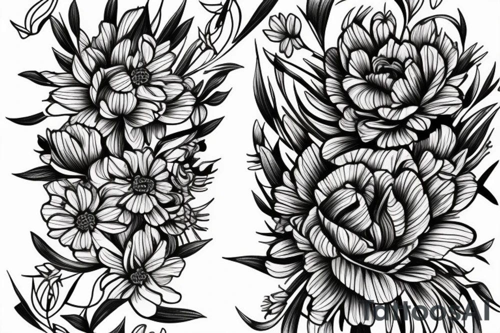a sketch of a sleeve where on a black background on which lycoris flowers, daisies and peonies are intertwined tattoo idea