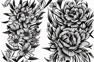 a sketch of a sleeve where on a black background on which lycoris flowers, daisies and peonies are intertwined tattoo idea