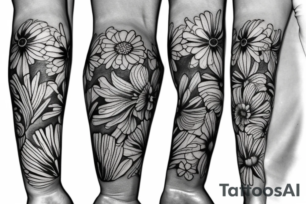 a sketch of a sleeve where on a black background on which lycoris flowers, daisies and peonies are intertwined tattoo idea