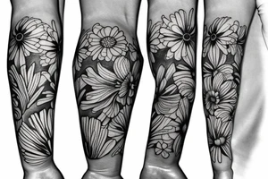 a sketch of a sleeve where on a black background on which lycoris flowers, daisies and peonies are intertwined tattoo idea