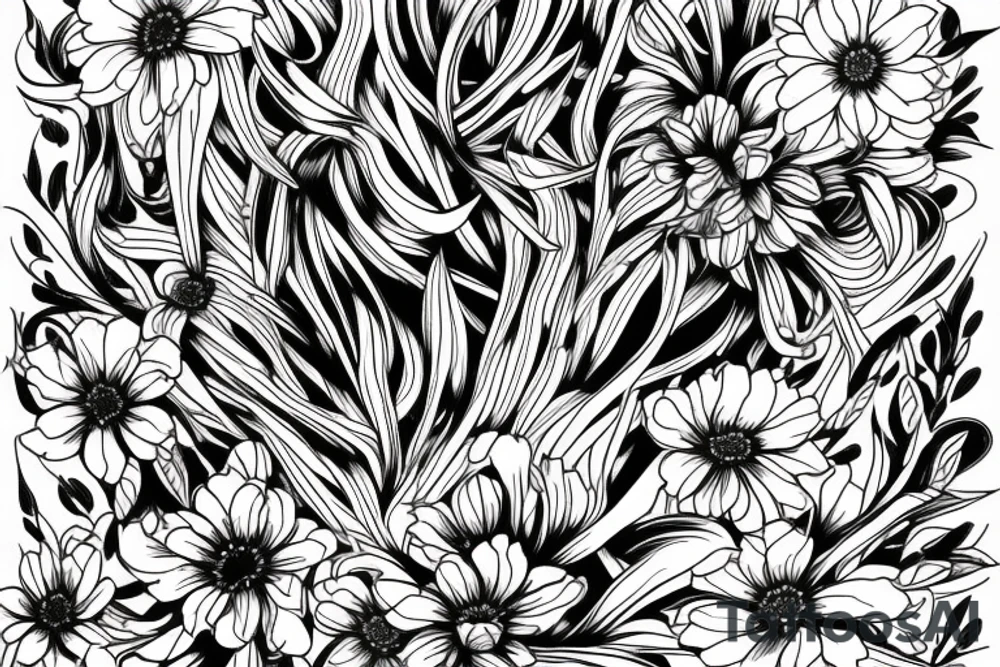 a sketch of a sleeve where on a black background on which lycoris flowers, daisies and peonies are intertwined tattoo idea