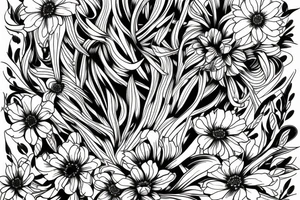 a sketch of a sleeve where on a black background on which lycoris flowers, daisies and peonies are intertwined tattoo idea