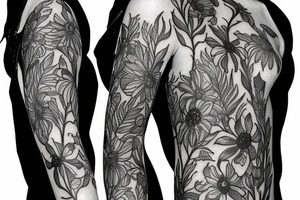 sketch of a sleeve where on a black background on which flowers of licorice and chamomile are intertwined tattoo idea