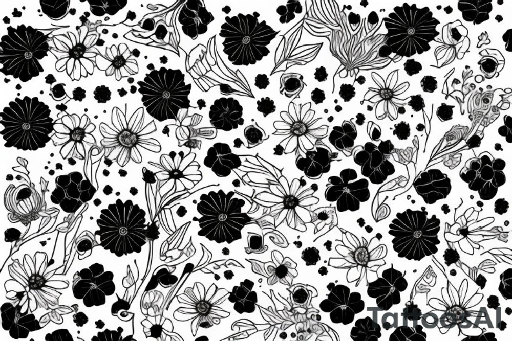 sketch of a sleeve where on a black background on which flowers of licorice and chamomile are intertwined tattoo idea