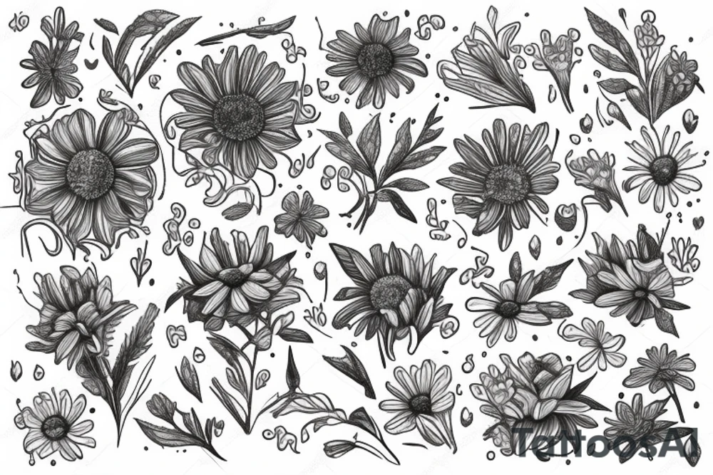 sketch of a sleeve where on a black background on which flowers of lycorise and chamomile are intertwined tattoo idea