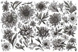 sketch of a sleeve where on a black background on which flowers of lycorise and chamomile are intertwined tattoo idea