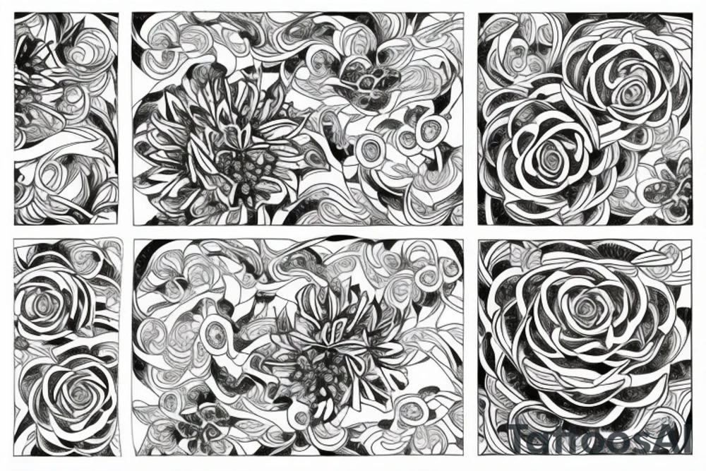 sketch of a sleeve where on a black background on which flowers of lycorise and chamomile are intertwined tattoo idea