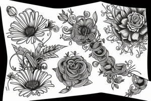 sketch of a sleeve where on a black background on which flowers of lycorise and chamomile are intertwined tattoo idea