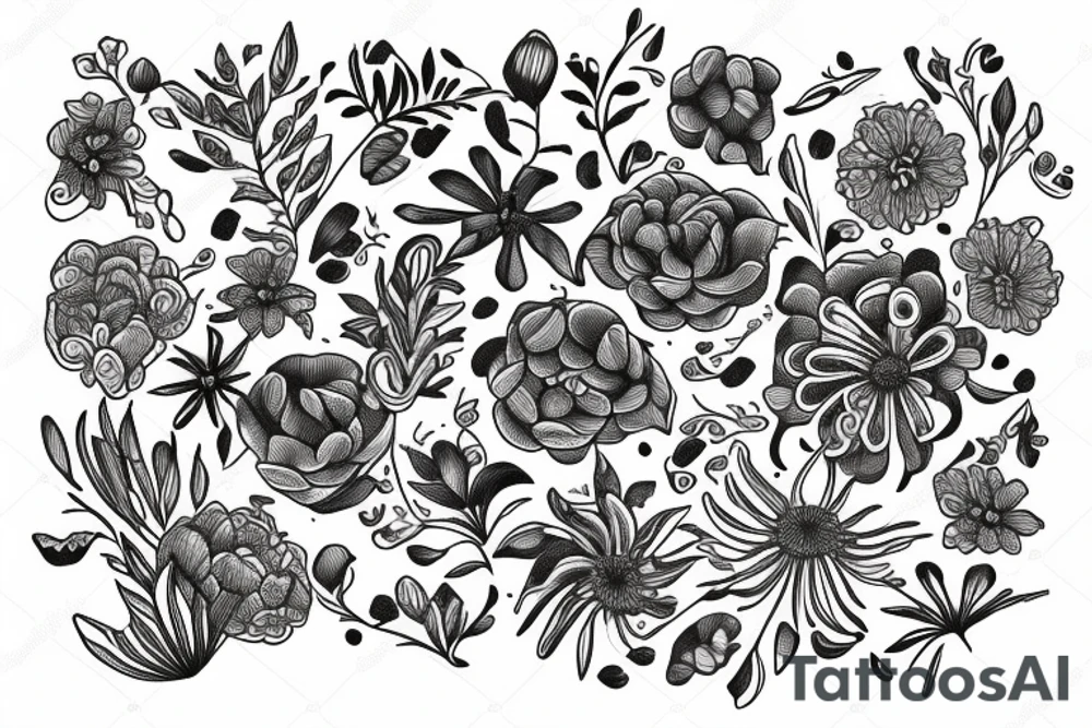 sketch of a sleeve where on a black background on which flowers of lycorise and chamomile are intertwined tattoo idea