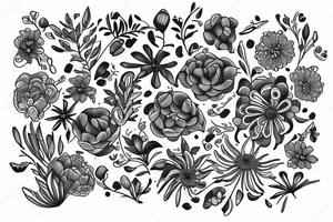sketch of a sleeve where on a black background on which flowers of lycorise and chamomile are intertwined tattoo idea
