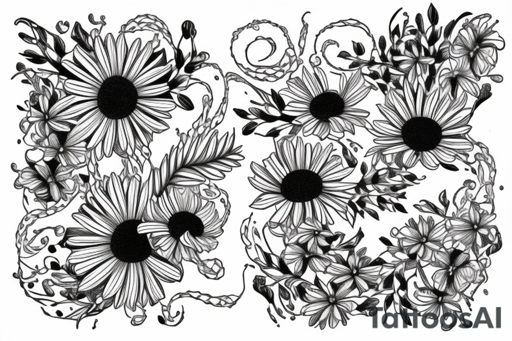 sketch of a sleeve where on a black background on which flowers of lycorise and chamomile are intertwined tattoo idea