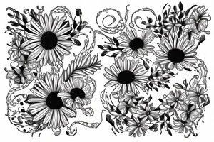 sketch of a sleeve where on a black background on which flowers of lycorise and chamomile are intertwined tattoo idea