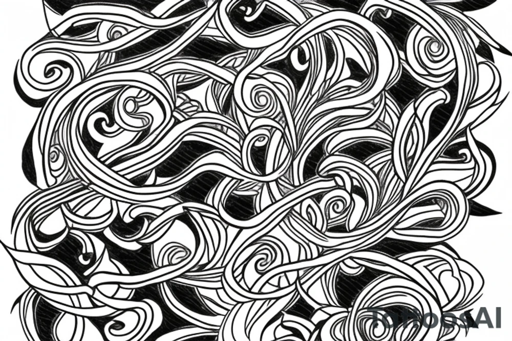 sketch of a sleeve where on a black background on which flowers of lycorise and chamomile are intertwined tattoo idea