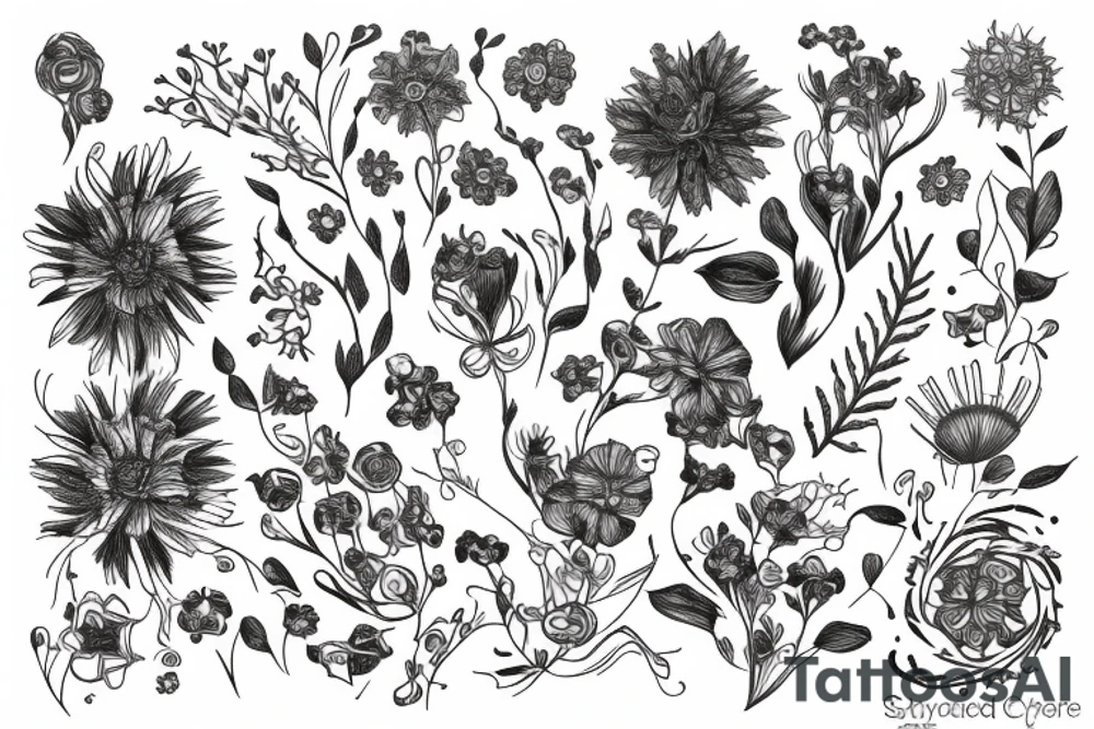 sketch of a sleeve where on a black background on which flowers of lycorise and chamomile are intertwined tattoo idea