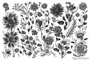 sketch of a sleeve where on a black background on which flowers of lycorise and chamomile are intertwined tattoo idea