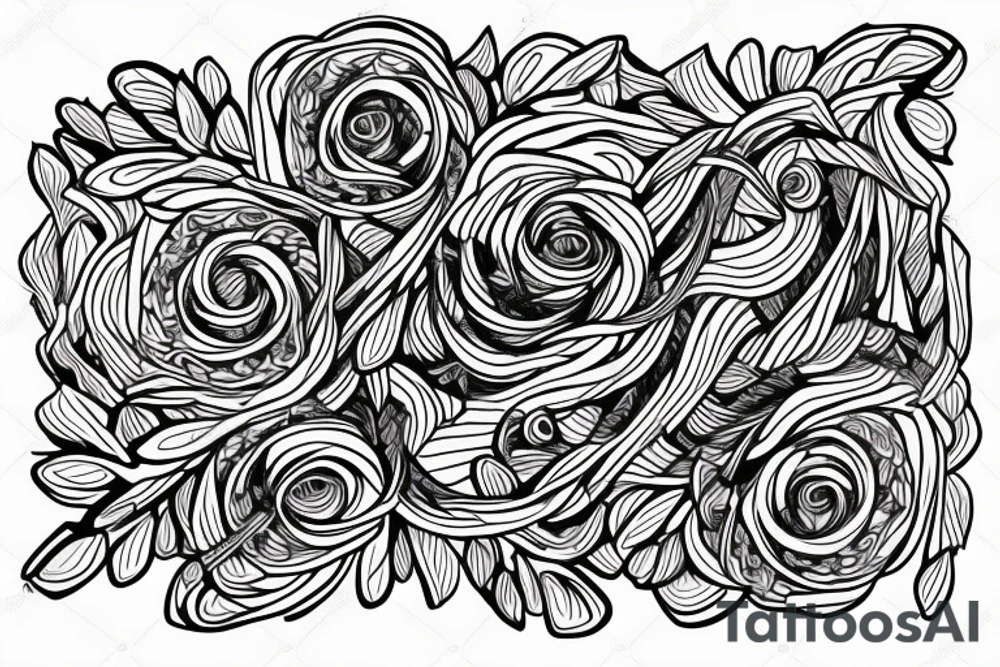 sketch of a sleeve where on a black background on which flowers of lycorise and chamomile are intertwined tattoo idea