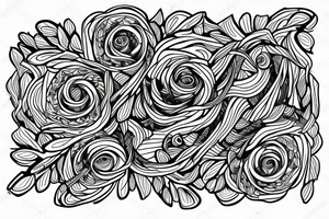 sketch of a sleeve where on a black background on which flowers of lycorise and chamomile are intertwined tattoo idea