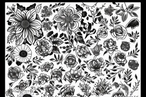sketch of a sleeve where on a black background on which flowers of lycorise and chamomile are intertwined tattoo idea