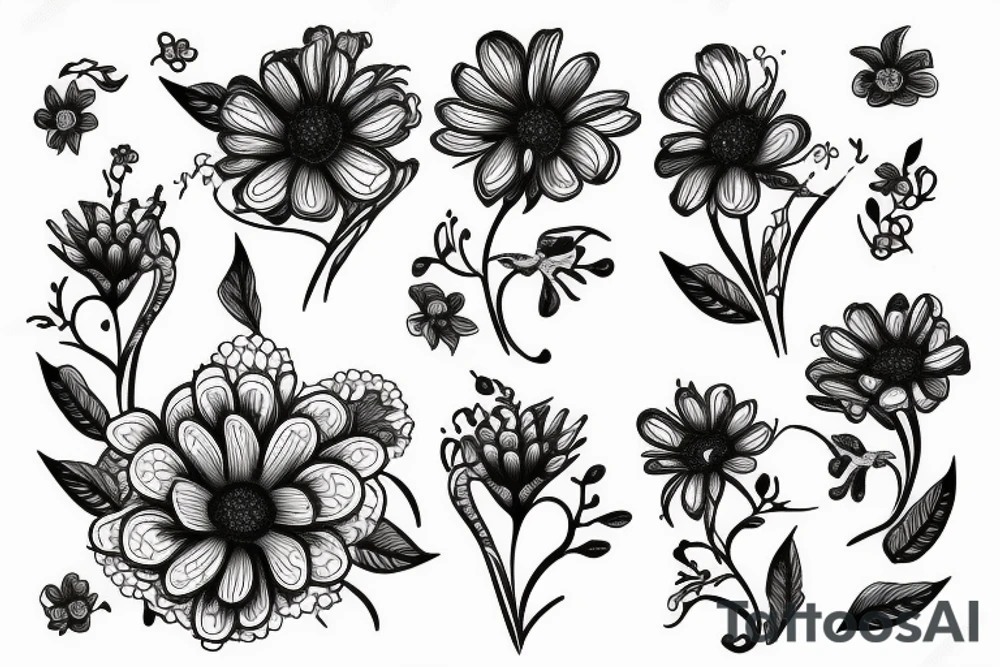 sketch of a sleeve where on a black background on which flowers of lycorise and chamomile are intertwined tattoo idea