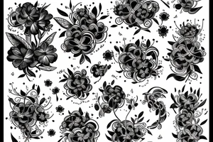 sketch of a sleeve where on a black background on which flowers of lycorise and chamomile are intertwined tattoo idea