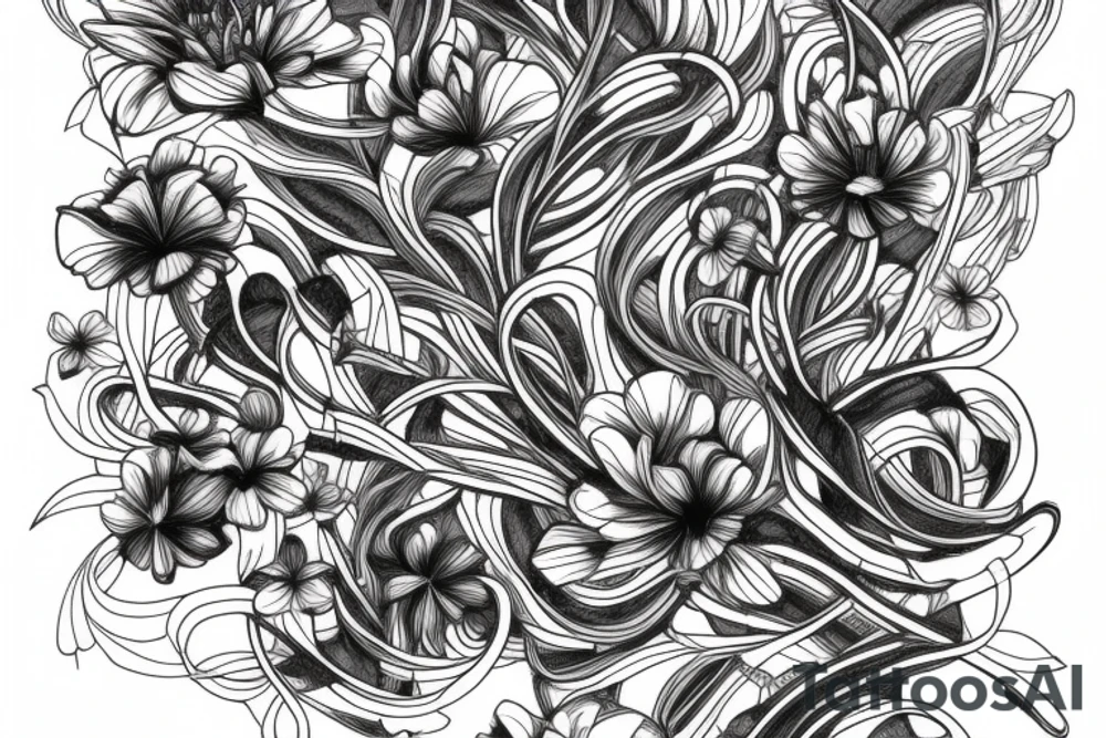 sketch of a sleeve where on a black background on which flowers of lycorise and chamomile are intertwined tattoo idea