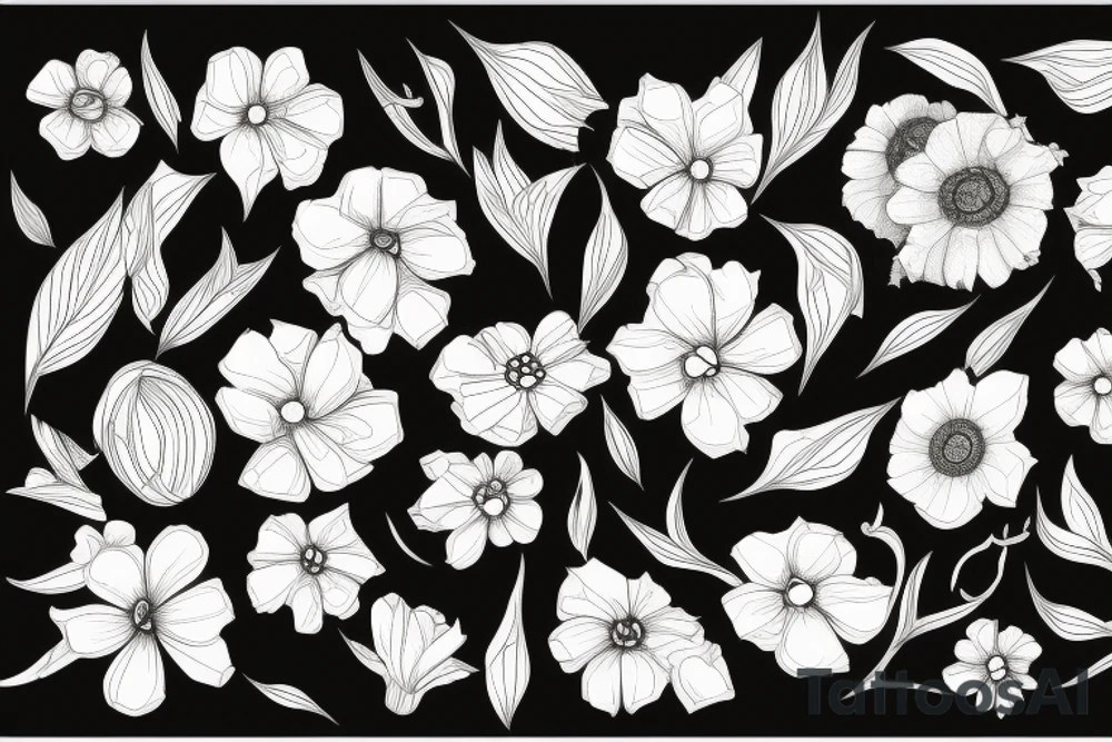 sketch of a sleeve on a black background intertwined flowers of licorice and chamomile tattoo idea