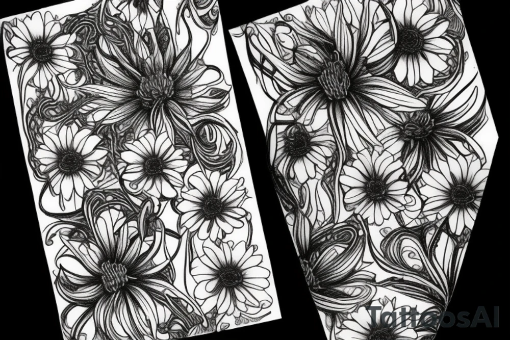 sketch of a sleeve on a black background intertwined flowers of licorice and chamomile tattoo idea
