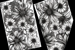 sketch of a sleeve on a black background intertwined flowers of licorice and chamomile tattoo idea