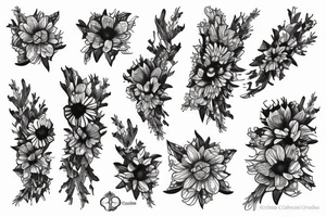 sketch of a sleeve on a black background intertwined flowers of licorice and chamomile tattoo idea