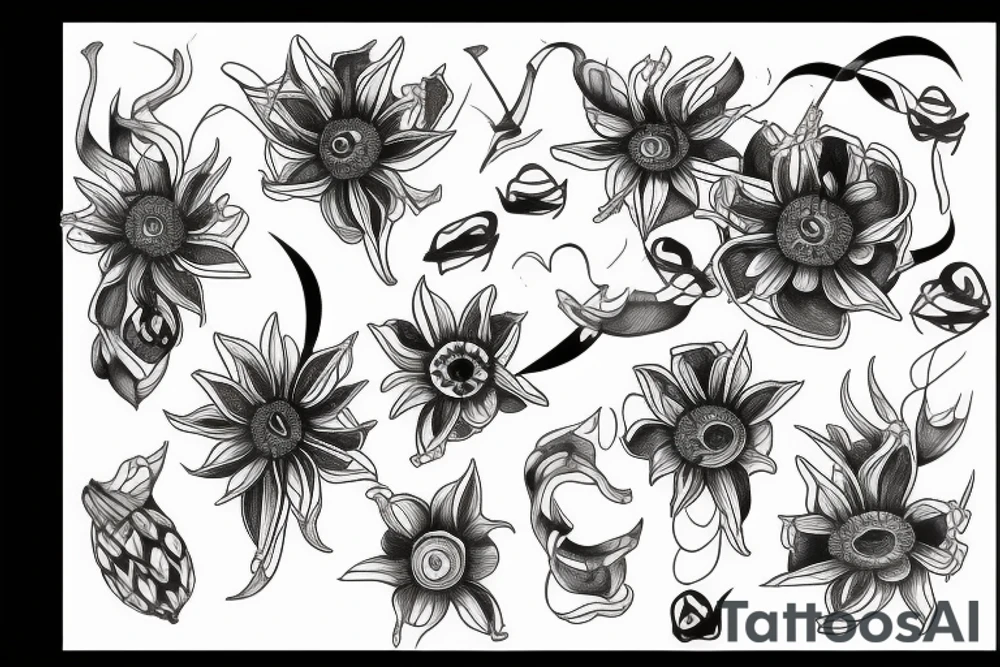sketch of a sleeve on a black background intertwined flowers of licorice and chamomile tattoo idea