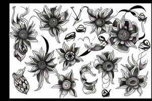 sketch of a sleeve on a black background intertwined flowers of licorice and chamomile tattoo idea